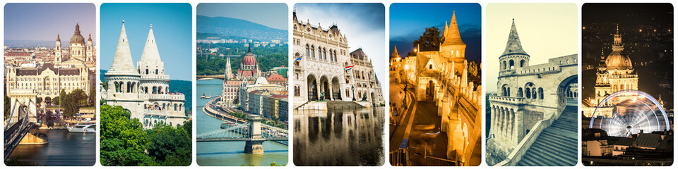collage of Budapest sights at night