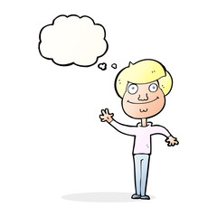 cartoon happy man waving with thought bubble