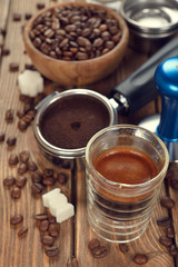Espresso coffee in a glass cup