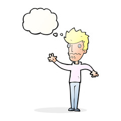 cartoon worried man reaching out with thought bubble
