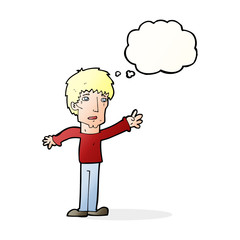cartoon worried man reaching out with thought bubble