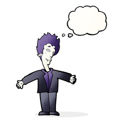 cartoon happy vampire with thought bubble