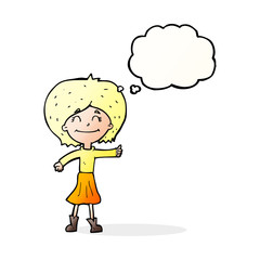 cartoon happy girl giving thumbs up symbol with thought bubble