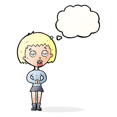 cartoon bored woman waiting with thought bubble