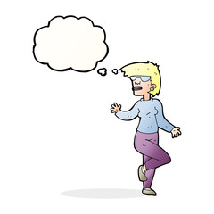 cartoon woman waving with thought bubble