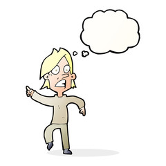 cartoon worried man pointing with thought bubble