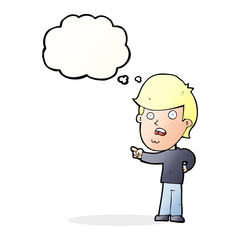 cartoon shocked man pointing with thought bubble