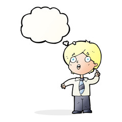 cartoon schoolboy answering question with thought bubble