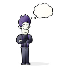 cartoon happy vampire man with thought bubble