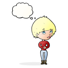 cartoon woman considering with thought bubble