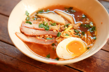 Pork noodle soup boiled eggs in a bowl.