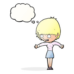 cartoon woman panicking with thought bubble