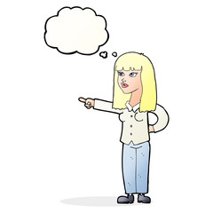 cartoon pretty woman pointing with thought bubble
