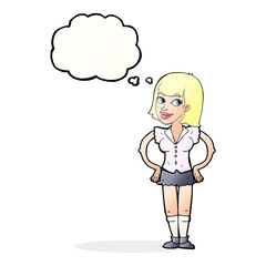 cartoon woman with hands on hips with thought bubble