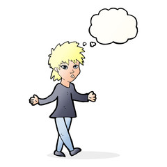 cartoon woman shrugging shoulders with thought bubble