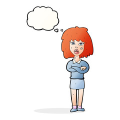 cartoon tough woman with folded arms with thought bubble