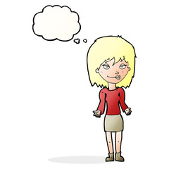 cartoon woman shrugging shoulders with thought bubble