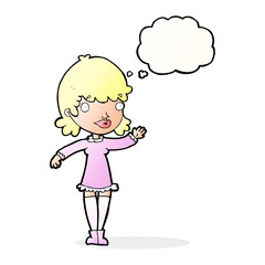 cartoon woman waving with thought bubble