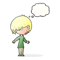 cartoon woman shrugging shoulders with thought bubble