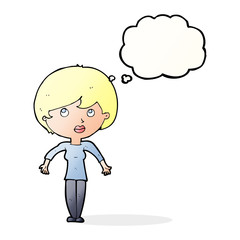 cartoon woman shrugging shoulders with thought bubble