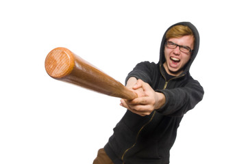Aggressive man with baseball bat isolated on white