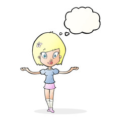 cartoon woman making balancing gesture with thought bubble