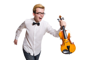 Young funny violin player isolated on white