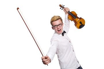 Young funny violin player isolated on white