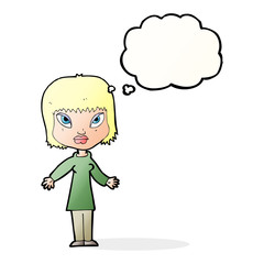 cartoon woman with open arms with thought bubble