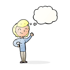 cartoon friendly waving woman with thought bubble