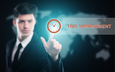 businessman pressing button on virtual screens