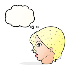 cartoon female face staring with thought bubble