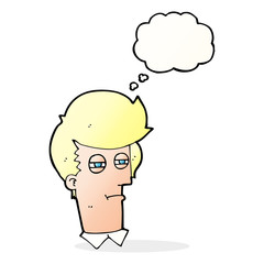 cartoon man with narrowed eyes with thought bubble