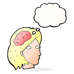 cartoon female head with brain symbol with thought bubble