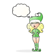 cartoon santa's helper woman with thought bubble