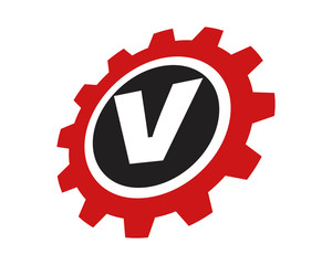 V red gear letter logo