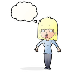 cartoon woman shrugging with thought bubble
