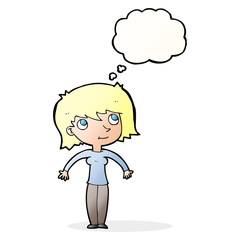 cartoon woman shrugging with thought bubble