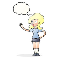 cartoon pretty woman waving for attention with thought bubble