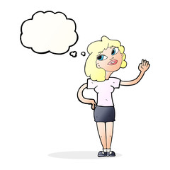 cartoon woman waving  with thought bubble