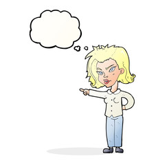 cartoon woman pointing with thought bubble