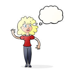 cartoon worried woman waving with thought bubble