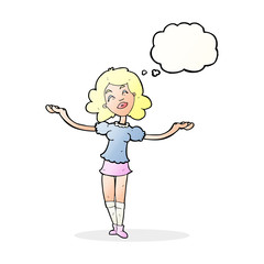 cartoon woman taking praise with thought bubble