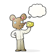 cartoon mouse holding cheese with thought bubble