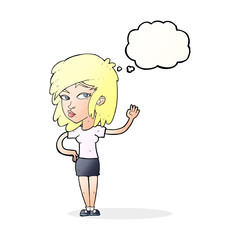 cartoon pretty woman waving with thought bubble