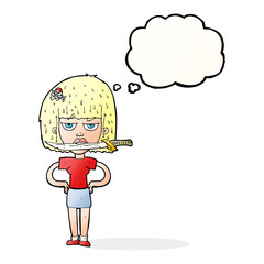 cartoon woman with knife between teeth with thought bubble