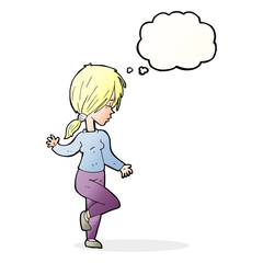 cartoon girl dancing with thought bubble