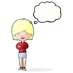 cartoon happy woman with thought bubble