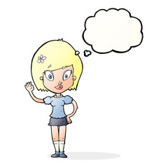 cartoon pretty girl waving with thought bubble