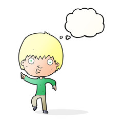 cartoon impressed boy pointing with thought bubble